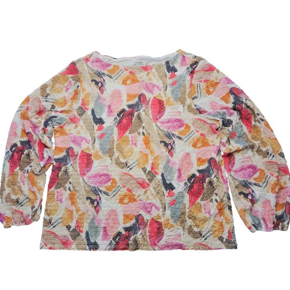 Chico's Women's Textured Resortwear Floral Top Size 3-XL Abstract Artsy Blouse